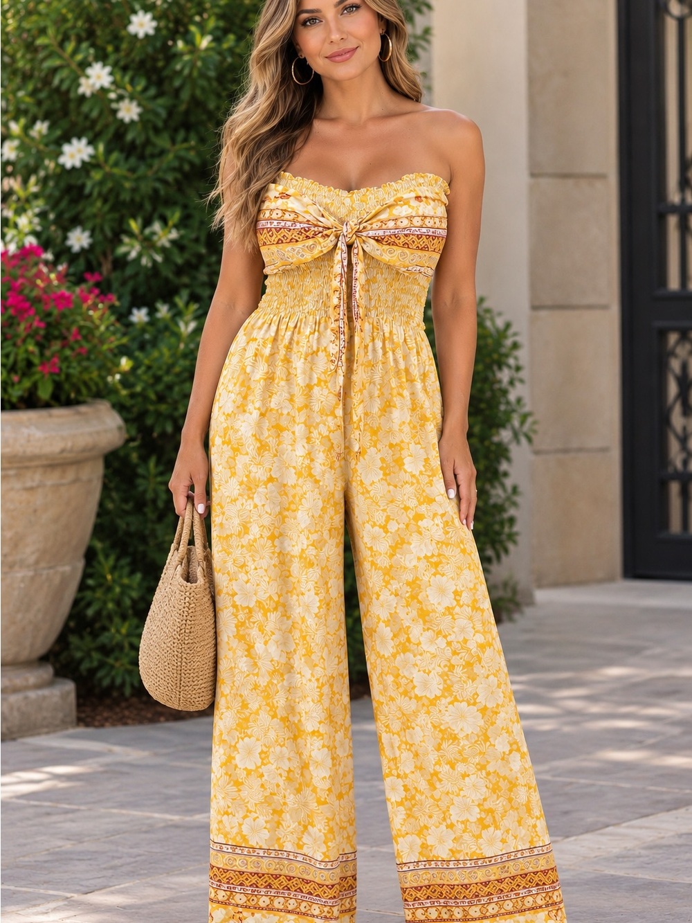 Golden Yellow Floral Off-Shoulder Jumpsuit with Tie Front Detail